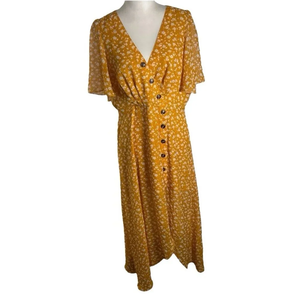 Lulus Midi Dress Women's XL Yellow Floral Print After Bloom Delight Button Front - Picture 1 of 15